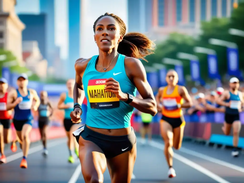 Corredora de maratón en acción: fuerza y determinación Una corredora de maratón exhibe su fuerza en una vibrante ciudad