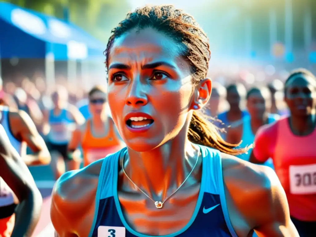 Corredora de maratón determinada cruza la meta, resplandeciente de sudor Una corredora de maratón cruza la meta, rodeada de una vibrante multitud
