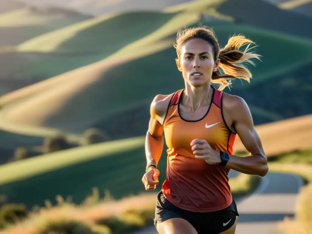 Corredora de maratón en paisaje escénico al atardecer Una corredora de maratón en pleno esfuerzo, bajo el cálido sol que se pone