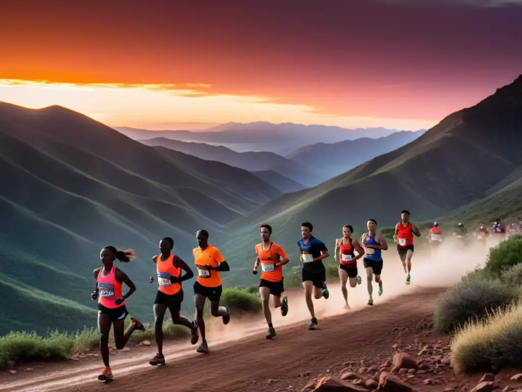 Corredores de larga distancia en la montaña al atardecer, expresando determinación y fuerza, destacando beneficios del ayuno intermitente