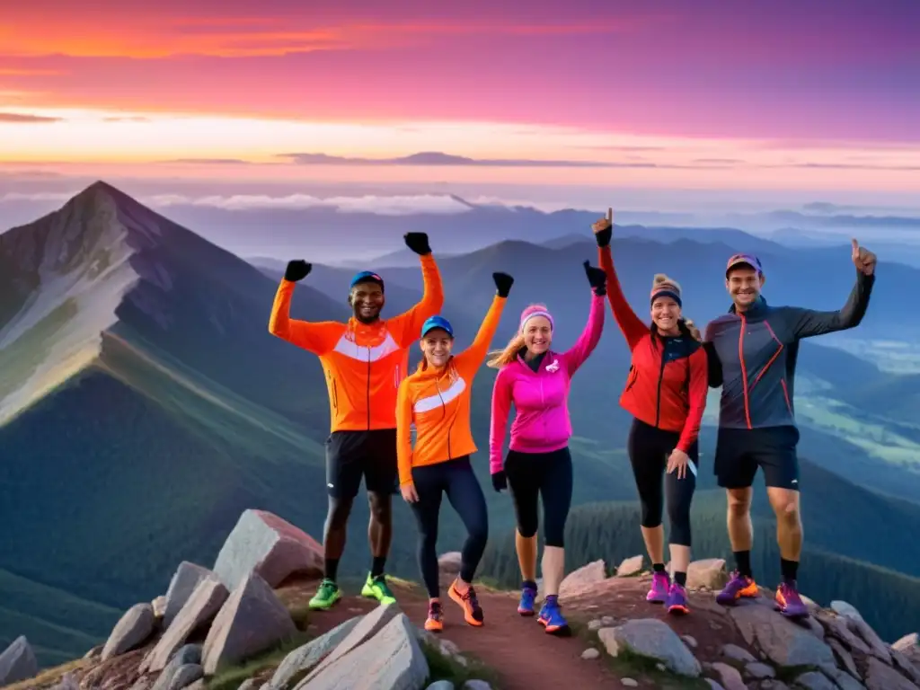 Corredores de larga distancia celebran al amanecer en la cima de la montaña, listos para comenzar su desafiante carrera