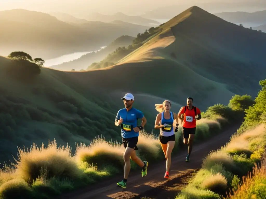 Corredores al amanecer en la montaña, listos para su larga jornada