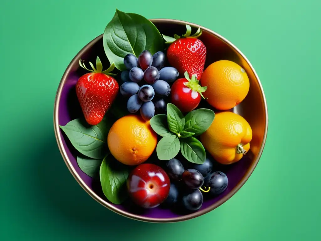 Mezcla de Frutas y Verduras Frescas en un Bol Moderno Un cuenco moderno rebosante de frutas y verduras frescas, con colores vibrantes y una atmósfera de vitalidad