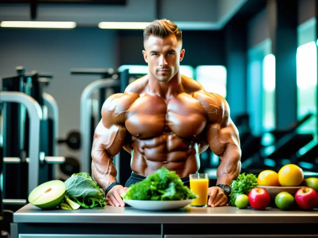 Preparación de comida saludable para culturistas principiantes Un culturista preparando una comida saludable y equilibrada con ingredientes frescos y coloridos en un gimnasio
