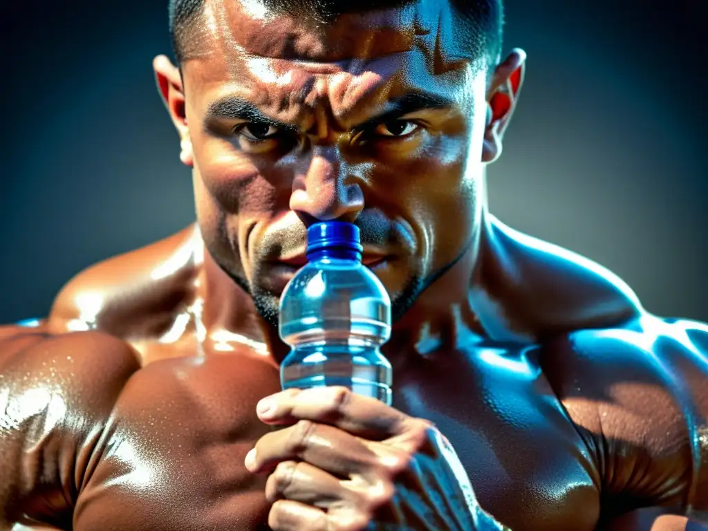 Musculatura Epica: Determinación y Hidratación Un culturista determinado sostiene una botella de agua con músculos definidos, mostrando la importancia de la hidratación en el culturismo