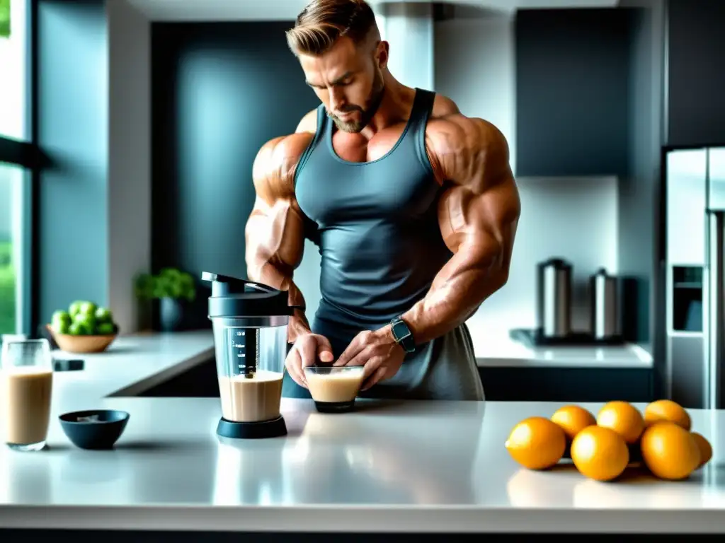 Preparación de batido de proteínas en cocina minimalista Un culturista principiante preparando cuidadosamente su batido de proteínas en una cocina minimalista