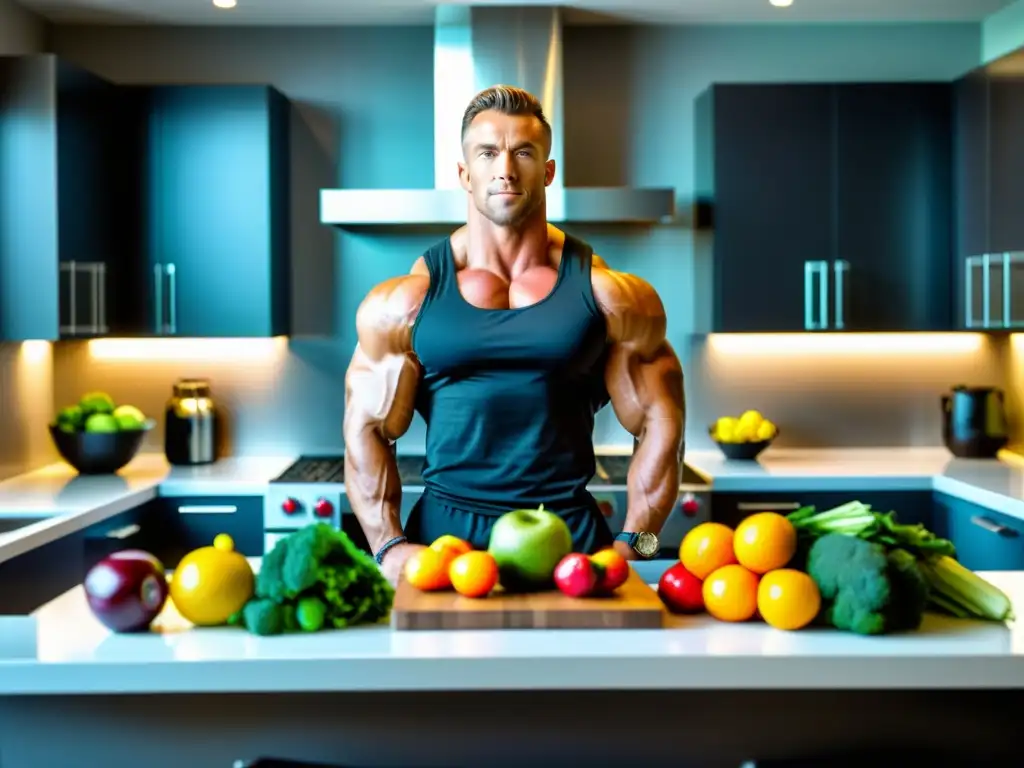 Preparación de alimentos saludables con precisión Un culturista profesional se concentra en preparar una comida balanceada en una cocina moderna, rodeado de alimentos coloridos y nutrientes