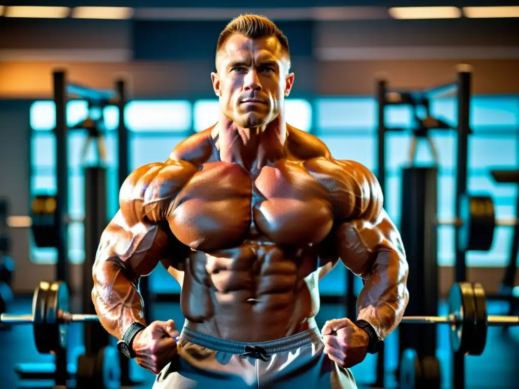 Bodybuilder en acción: Sudor y determinación en un gimnasio de vanguardia Un culturista profesional se enfoca en su intenso entrenamiento en un gimnasio de vanguardia, derramando sudor