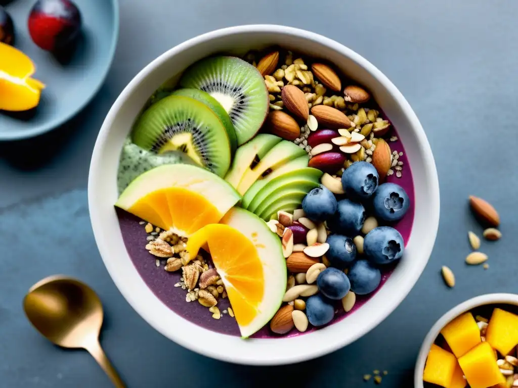 Bowl de Smoothie Post-Entrenamiento: Nutritivo y Colorido Deliciosa bowl de smoothie con coloridos ingredientes frescos