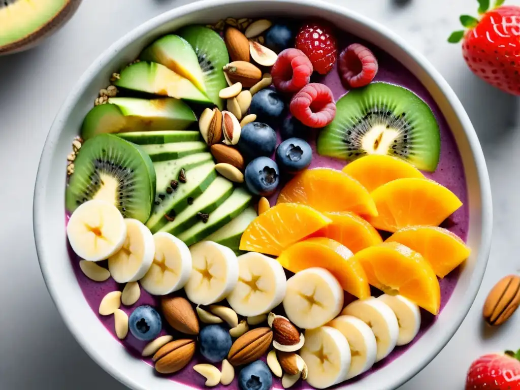 Bowl de Smoothie Nutritivo y Colorido: Detalles Vibrantes Deliciosa bowl de smoothie con frutas frescas y frutos secos, ideal para nutrición deportiva para mujeres maratonistas