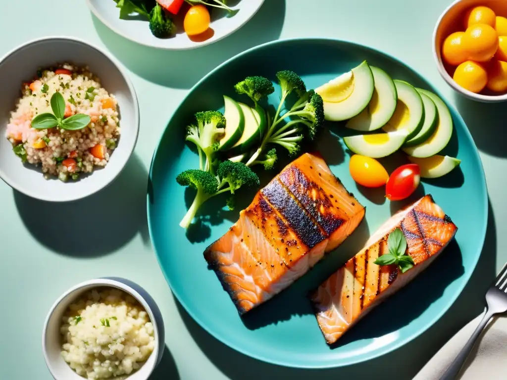 Plato balanceado con salmón, quinua y frutas Una deliciosa comida balanceada con salmón a la parrilla, ensalada de quinoa y frutas frescas, iluminada suavemente