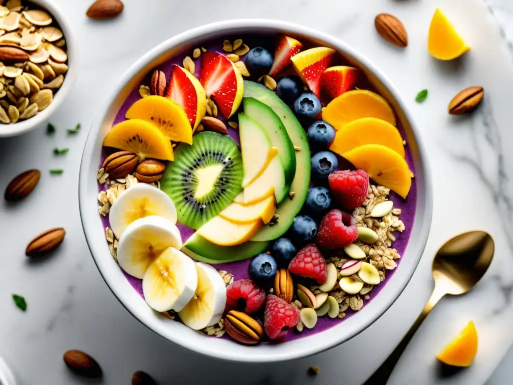 Deliciosa smoothie bowl con frutas y granola en mármol blanco Deliciosa alimentación para recuperación muscular en deportes de resistencia: un bol de smoothie colorido con frutas, nueces, semillas y granola sobre encimera de mármol blanco