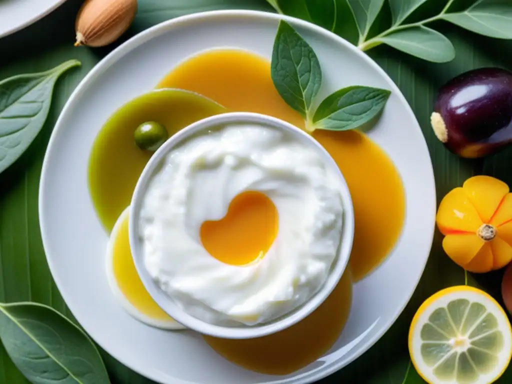 Variedad de Alimentos Probióticos: Colores y Texturas Vibrantes Una deliciosa variedad de alimentos ricos en probióticos para mejorar rendimiento deportivo, dispuestos de forma atractiva en un plato blanco con hojas verdes de fondo