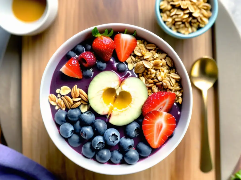 Acai Bowl Vibrante con Frutas y Granola Una deliciosa y vibrante bowl de açaí con fresas, arándanos y granola crujiente