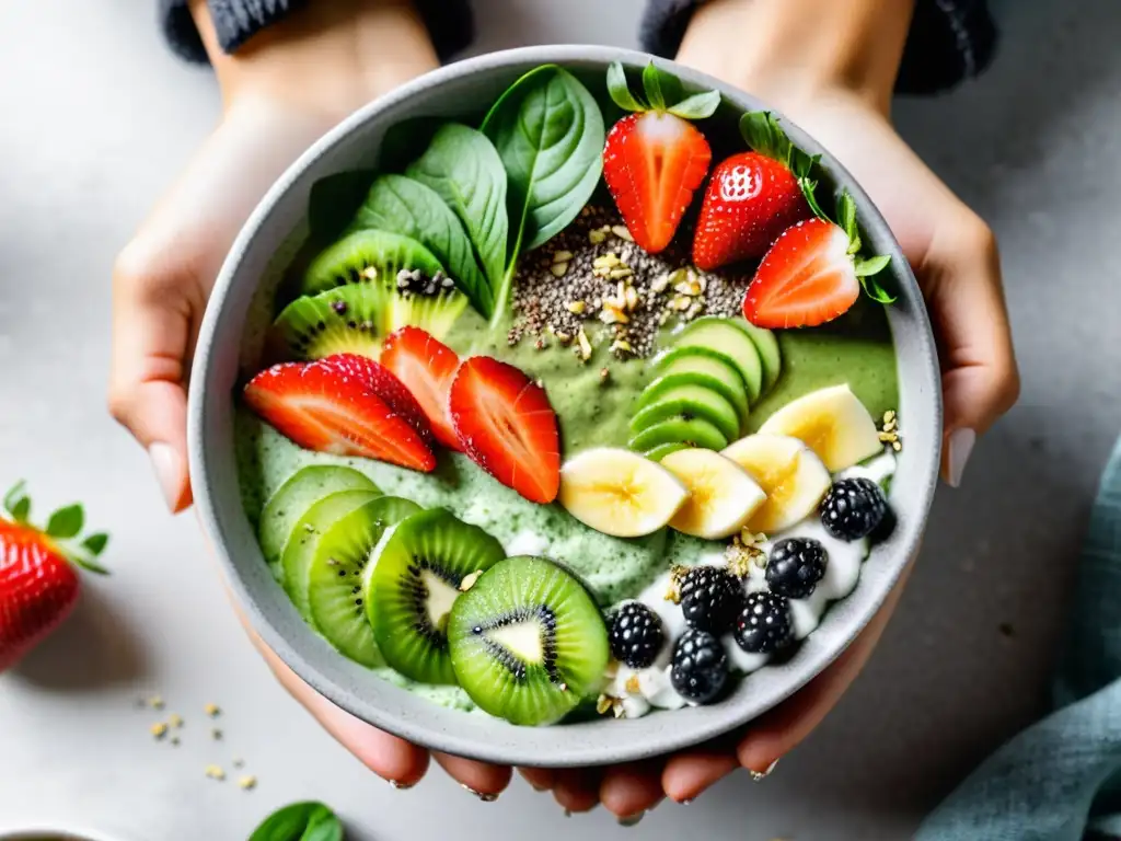 Delicioso smoothie verde en manos femeninas Un delicioso bol de batido verde, decorado con fresas, semillas de chía y coco, sostenido por manos femeninas