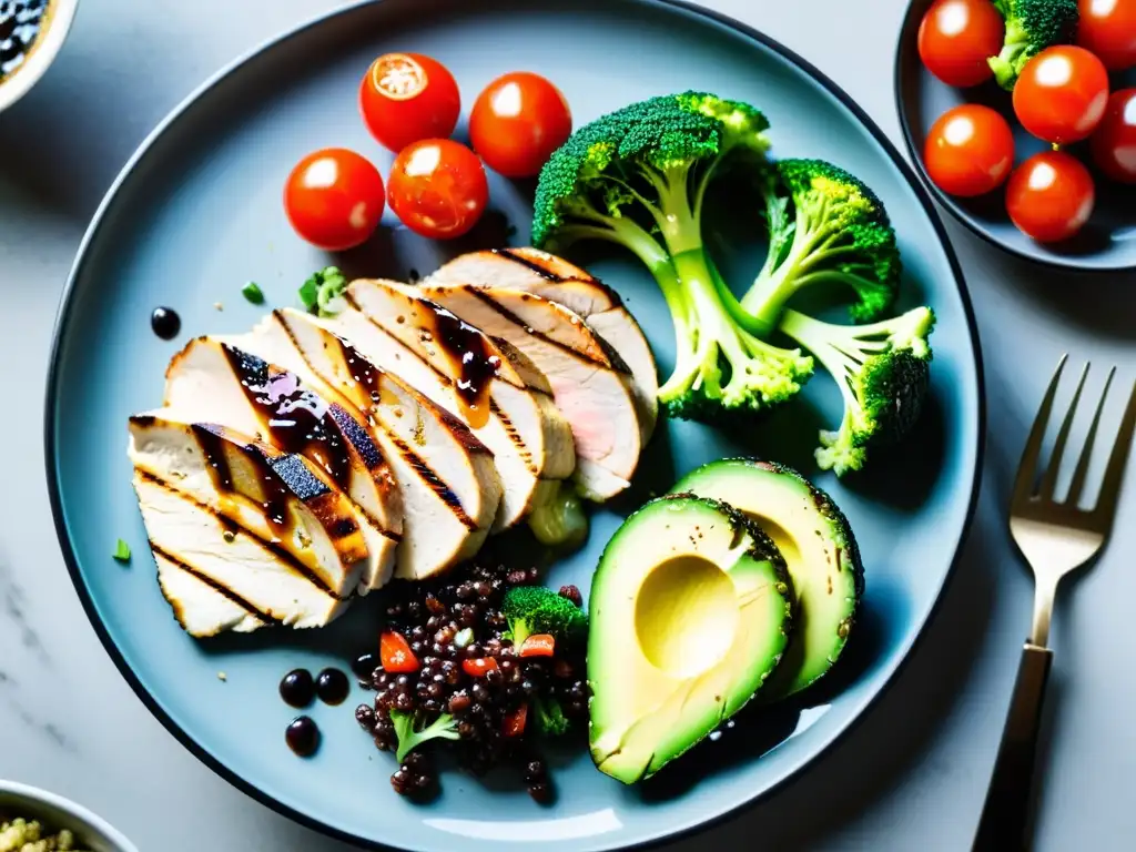Deliciosa comida posentrenamiento: pollo a la parrilla, quinoa y aguacate Un delicioso y colorido plan de comidas para karate, con ingredientes frescos y vibrantes en un plato moderno y elegante