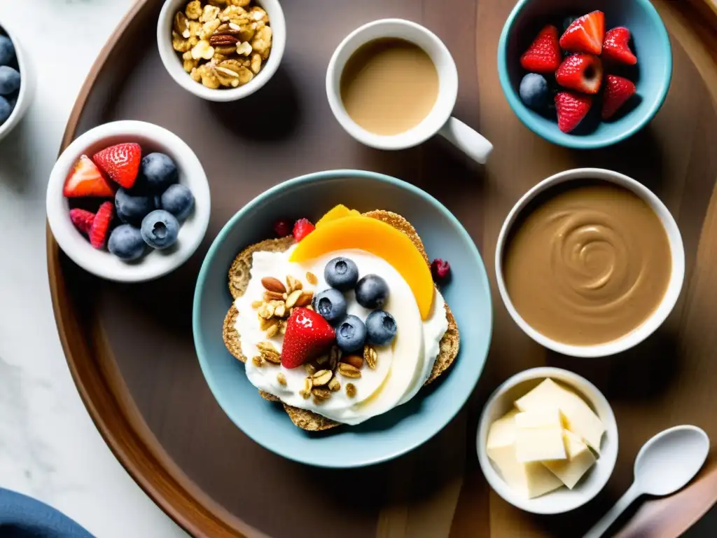Desayuno gourmet con frutas, pan y yogur Delicioso desayuno de alto rendimiento para baloncesto en una mesa de madera moderna, con frutas, pan integral, quesos y yogur con granola y bayas
