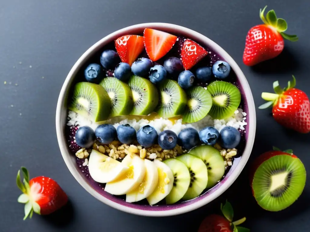 Deliciosa bowl de açaí con frutas frescas y semillas Delicioso desayuno energético con acai bowl y frutas frescas sobre fondo negro mate