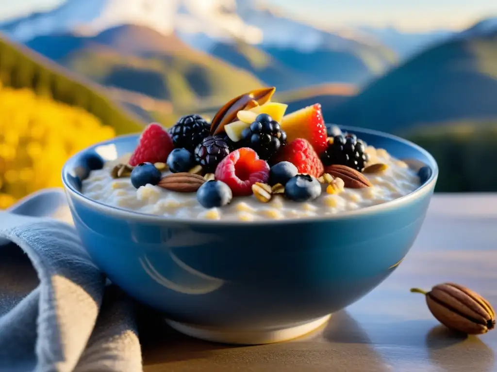 Desayuno energético con vista a la montaña nevada Un delicioso desayuno energético con vista a la montaña nevada al amanecer: avena, frutos rojos, frutos secos y miel