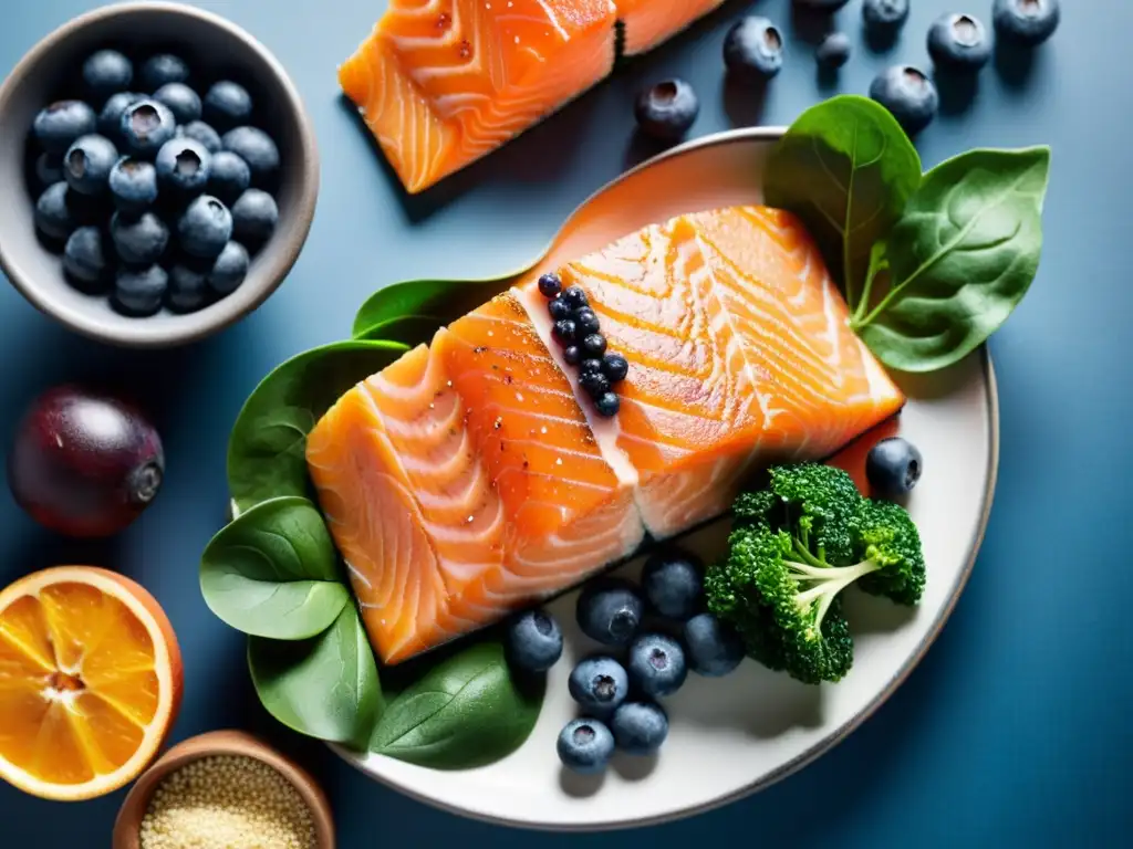 Alimentos Nutritivos: Vibrante Detalle para la Recuperación Muscular Deliciosos alimentos saludables, como salmón, quinua, espinacas, batatas y arándanos, dispuestos de manera moderna y atractiva