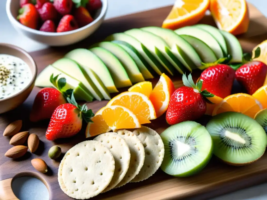 Delicias saludables en tabla de madera Deliciosos snacks estratégicos para nutrición deportiva en una tabla de madera con frutas, frutos secos y semillas, bañados por la luz natural