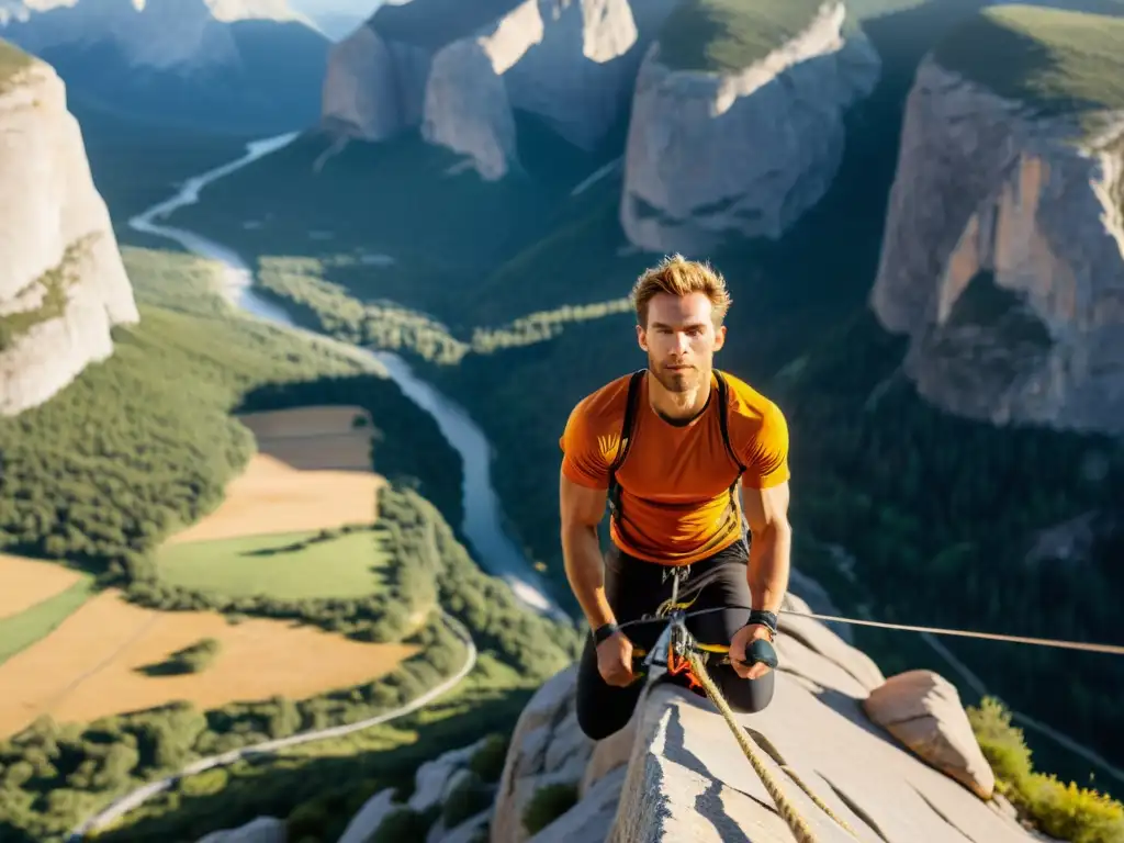 Equilibrio extremo en las alturas: atleta en highline Nutrición deportiva para highline: Atleta equilibrándose en cuerda entre montañas, demostrando concentración y precisión