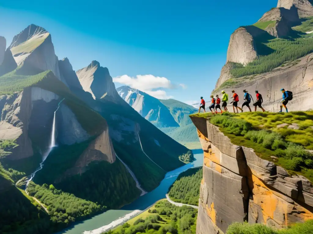 Equilibrio extremo en las alturas: atletas desafían el vacío Nutrición deportiva para highline: Atletas equilibrándose en línea entre acantilados, mostrando destreza y concentración en paisaje impresionante