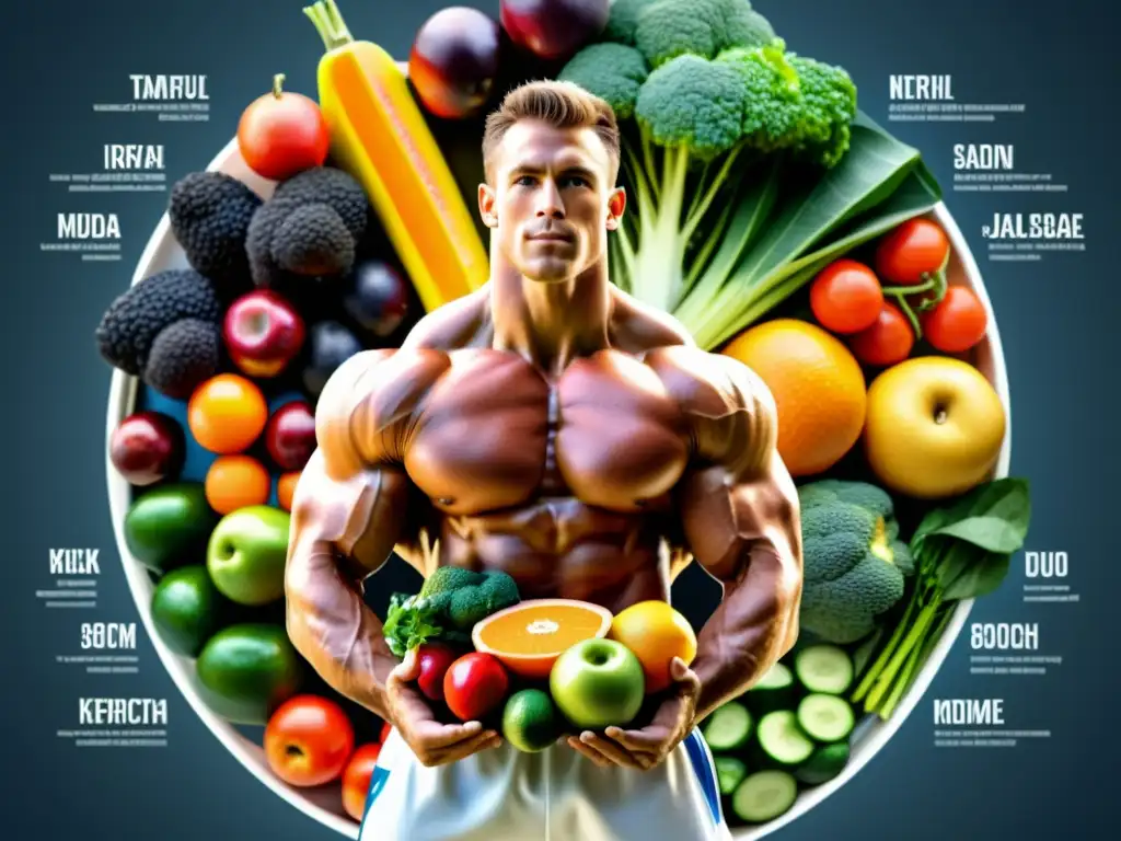 Infografía de atleta con frutas y verduras ricas en micronutrientes Infografía de nutrición deportiva avanzada: atleta con frutas y verduras ricas en micronutrientes, rodeado de gráficos científicos detallados