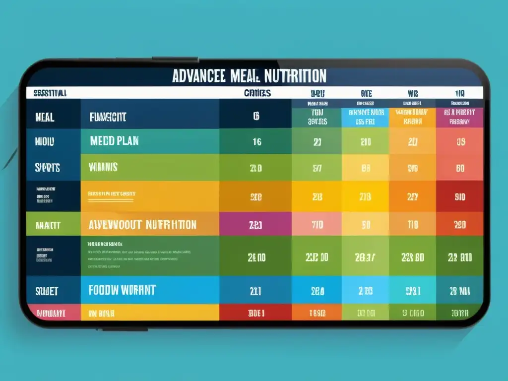 Plan nutricional avanzado para deportistas Infografía de nutrición deportiva avanzada con plan de comidas interactivo detallado y moderno diseño, resaltando nutrientes esenciales