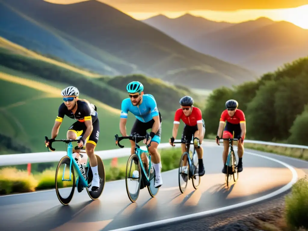 Competencia ciclista al atardecer en paisaje montañoso Nutrición deportiva para ciclistas avanzada: Ciclistas avanzados compitiendo en un terreno montañoso, con determinación y energía al atardecer