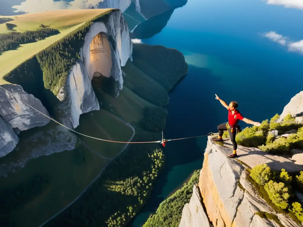 Equilibrio extremo: Highliner desafiando los acantilados Nutrición deportiva para highline: Equilibrio perfecto entre el highliner y la naturaleza salvaje
