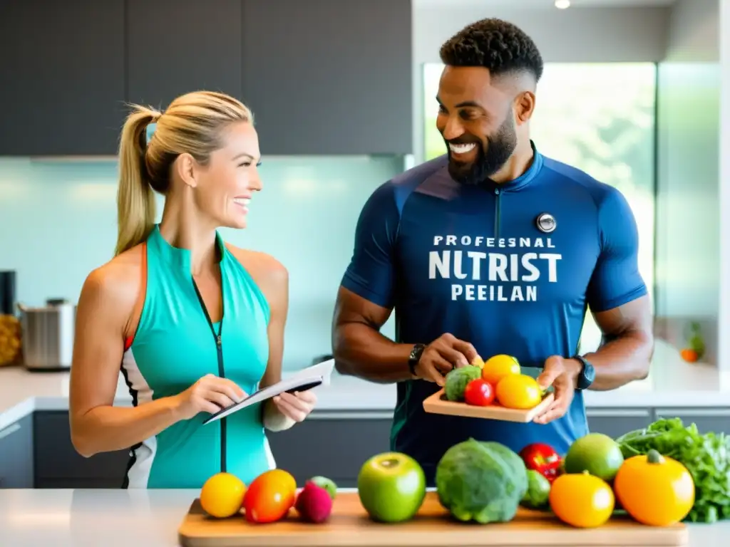 Plan nutricional personalizado para ciclistas de élite en cocina moderna Nutrición deportiva personalizada para óptimo rendimiento ciclismo en cocina moderna con ciclista y nutricionista