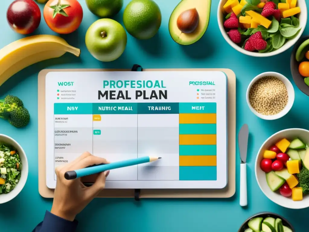 Nutricionista profesional diseñando plan alimenticio para atleta Nutrición deportiva para mejorar rendimiento: Nutricionista profesional elabora plan alimenticio para atleta, rodeada de alimentos frescos y coloridos