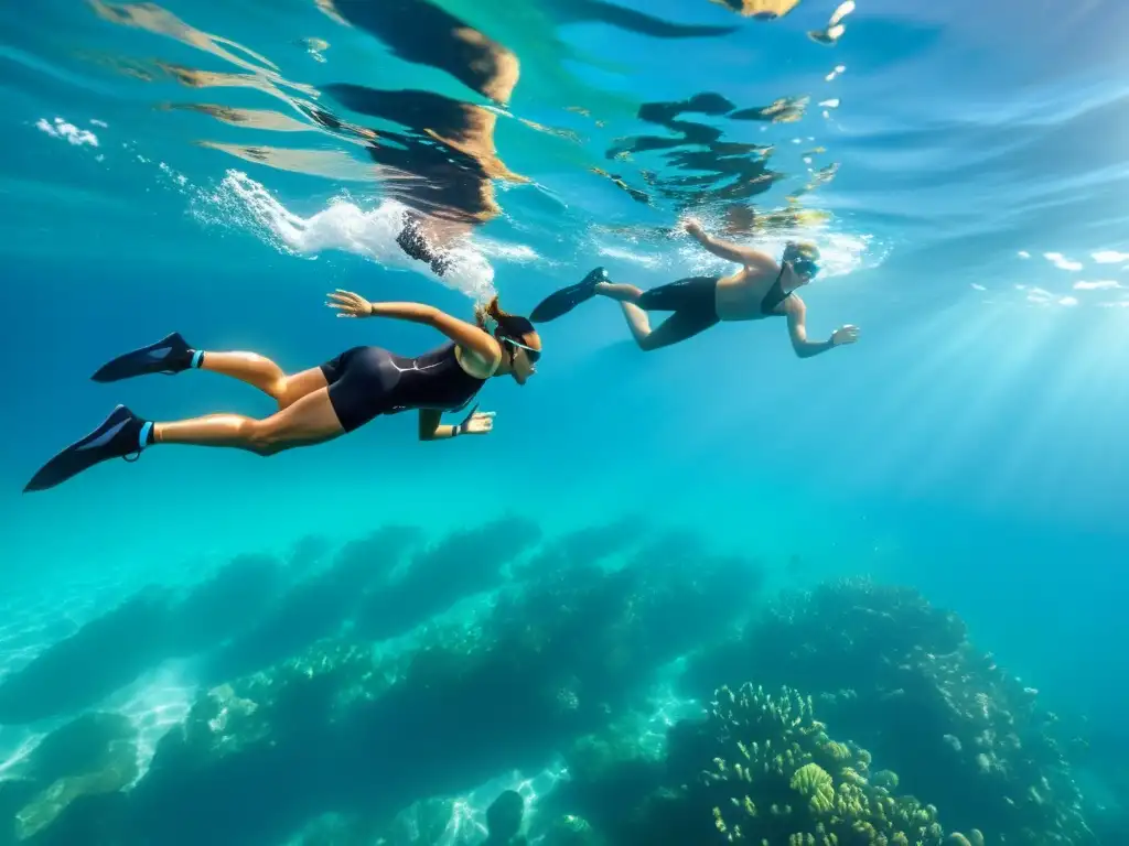Triatletas nadando en aguas cristalinas con vida marina Nutrición deportiva para triatletas en aguas abiertas: nadadores en aguas cristalinas, con peces y corales coloridos