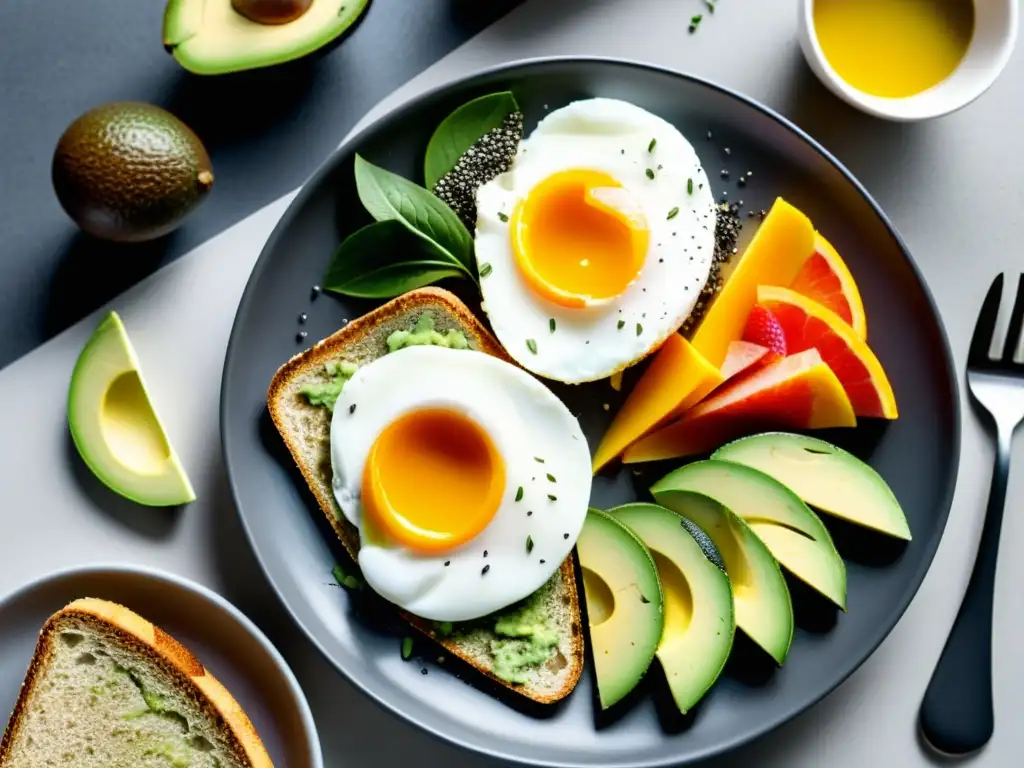 Desayuno energético para jugadores de baloncesto Desayuno de alto rendimiento para baloncesto: plato vibrante con frutas, aguacate, huevos pochados y semillas de chía en un fondo moderno