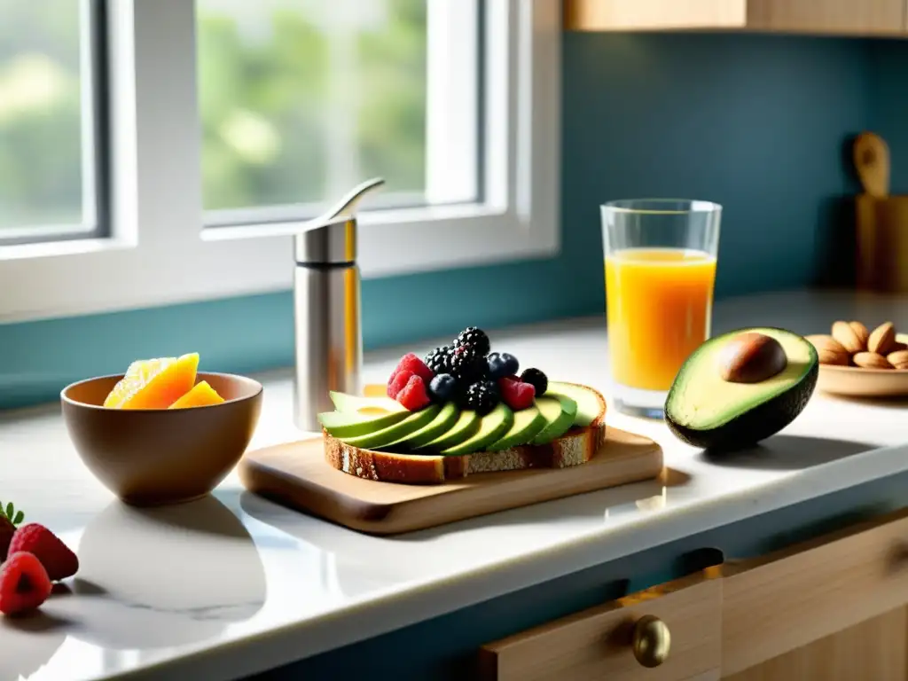 Desayuno energizante en cocina moderna Un desayuno de alto rendimiento para baloncesto en una moderna cocina con alimentos energizantes y coloridos, bañados por luz natural