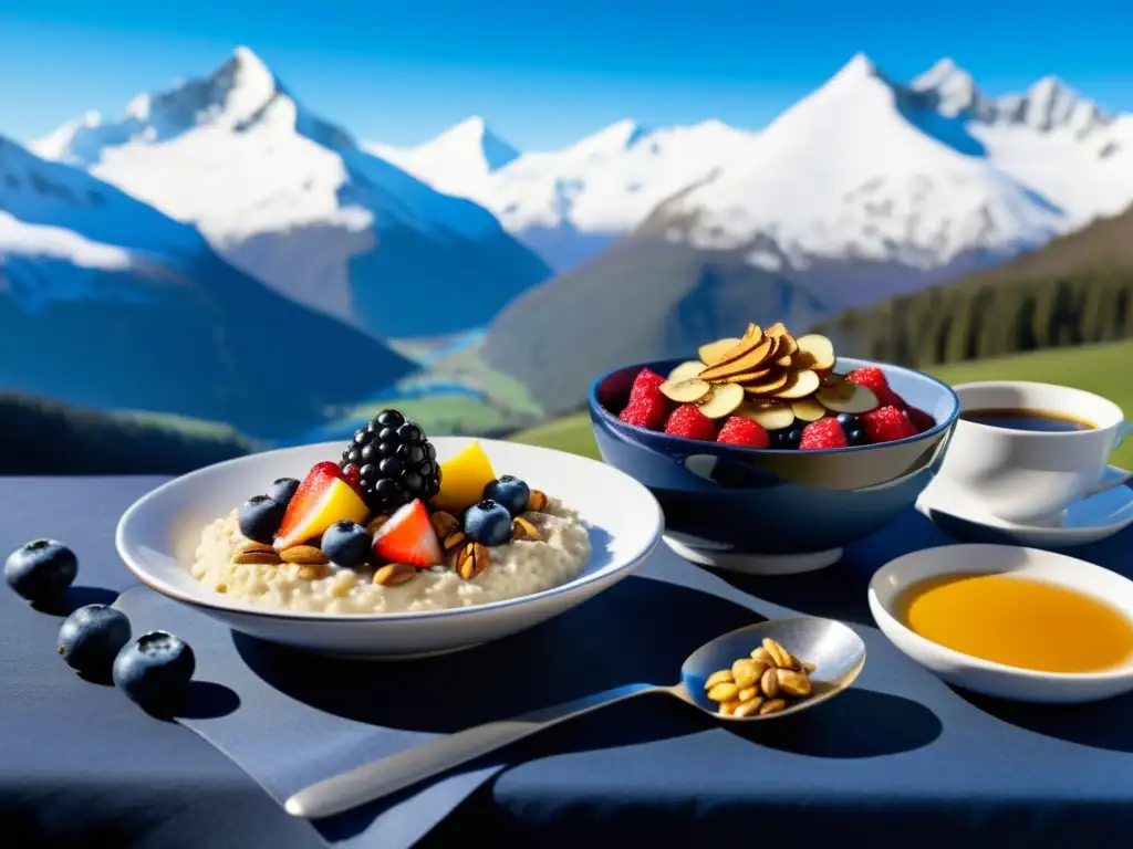 Desayuno invernal en las montañas: avena caliente, café y frutas frescas Desayuno energético en la montaña invernal con avena, frutas, nueces y café, evocando la belleza del paisaje invernal montañoso