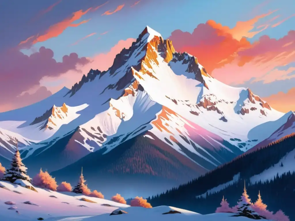 Desayuno al amanecer: montaña nevada y sabores reconfortantes Desayuno energético en la montaña nevada al amanecer, con paisaje invernal y tonos cálidos en el cielo