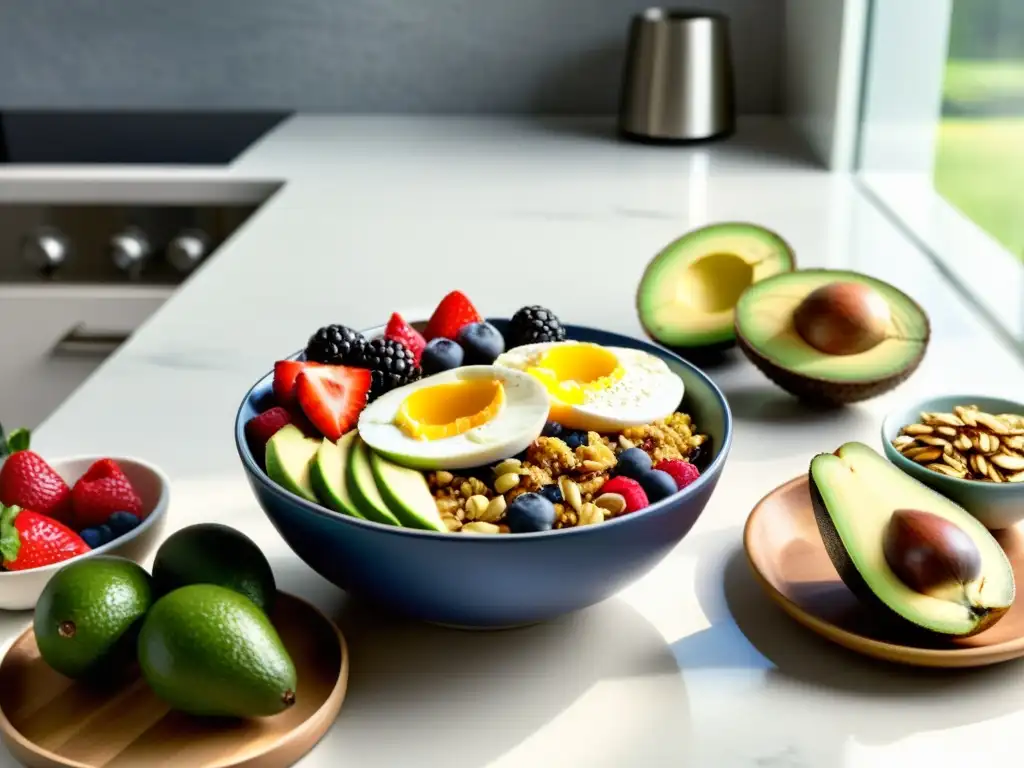 Desayuno potente para atletas: Delicioso y nutritivo desayuno en una cocina moderna y luminosa
