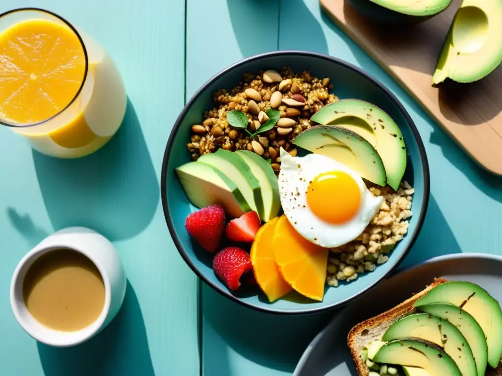 Desayuno potente para atletas: un desayuno vibrante y moderno con alimentos saludables, presentado de forma profesional y fresca en una mesa de madera