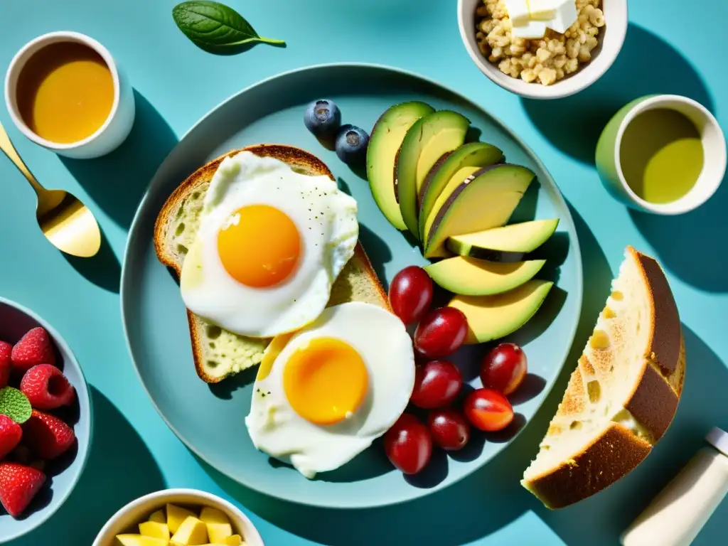 Un desayuno potente para atletas: una imagen detallada de un desayuno variado con alimentos ricos en proteínas y nutrientes