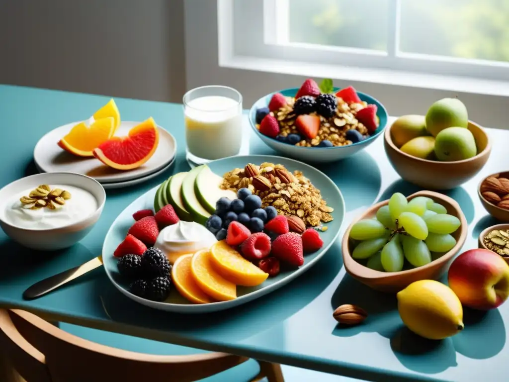 Un desayuno potente para atletas: una mesa moderna llena de frutas coloridas, granola artesanal, yogur griego y frutos secos