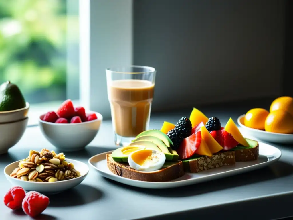 Desayuno potente para atletas: una mesa moderna con frutas coloridas, tostadas de aguacate, salmón, yogur con granola y café recién hecho