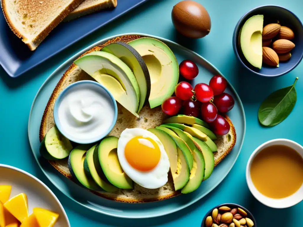 Un desayuno potente para atletas: variedad de frutas, pan integral, huevos, aguacate, yogur y frutos secos en un elegante plato moderno