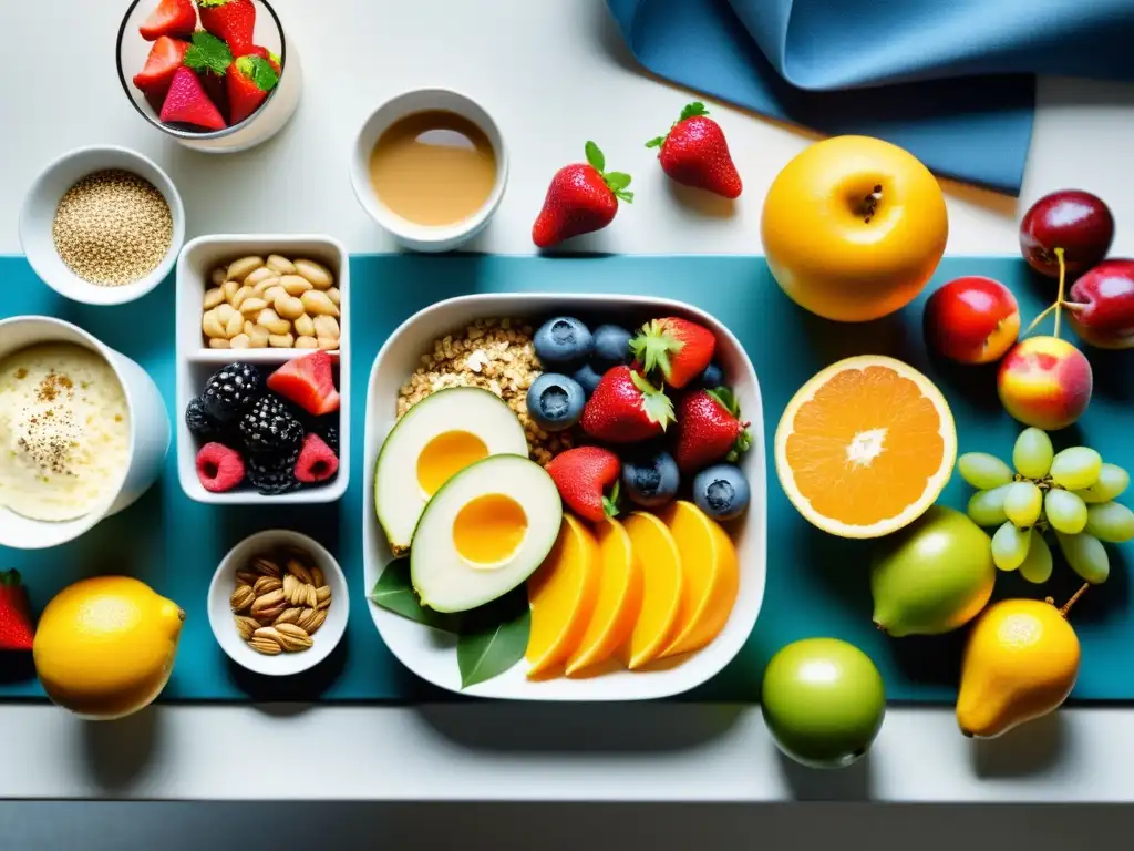 Un desayuno potente para atletas: una vibrante variedad de alimentos nutritivos y coloridos en una elegante mesa moderna con iluminación natural