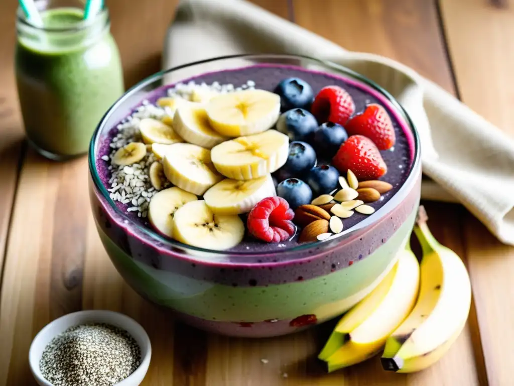 Un desayuno potente para atletas: un vibrante bol de açaí con frutas frescas, semillas y miel, en una atmósfera cálida y acogedora