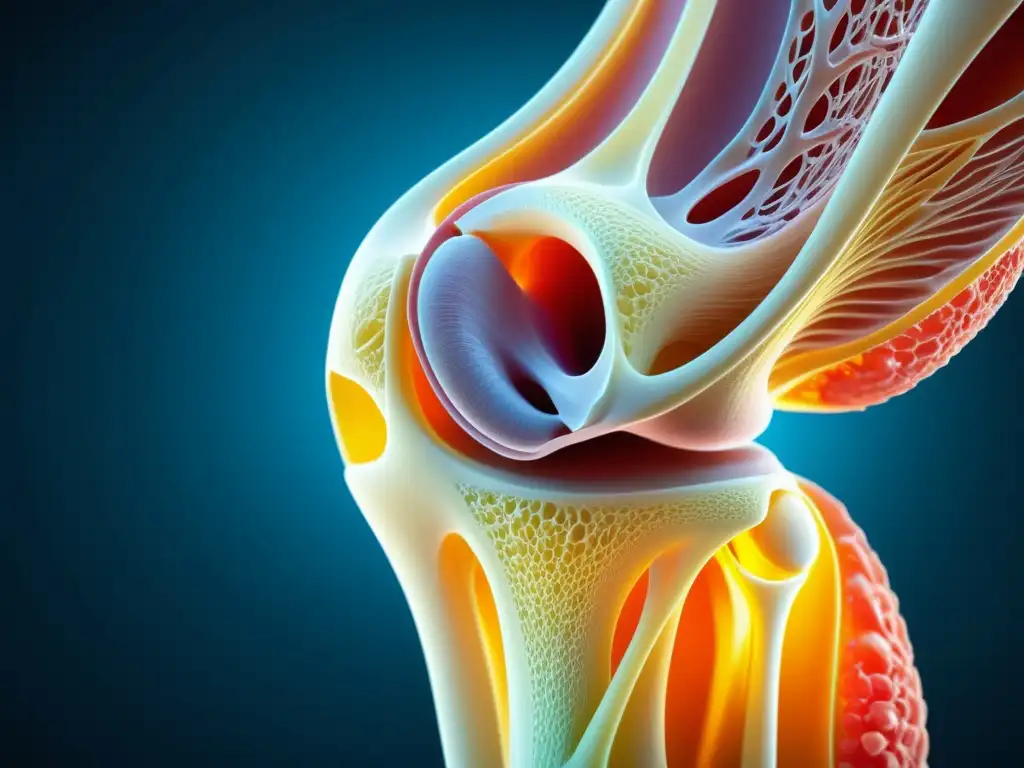 Estructura de colágeno en la articulación: detalle impresionante Detallada imagen de la estructura de colágeno en la articulación de un atleta, resaltando los beneficios del colágeno en la recuperación de los tejidos conectivos
