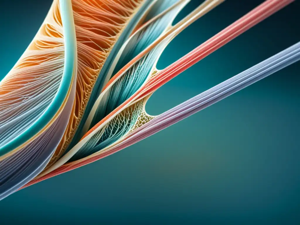 Red de colágeno y elastina en ligamento humano Detallada imagen de fibras de colágeno y elastina en un ligamento, mostrando la red intrincada que brinda fuerza y flexibilidad a los tejidos conectivos del cuerpo humano