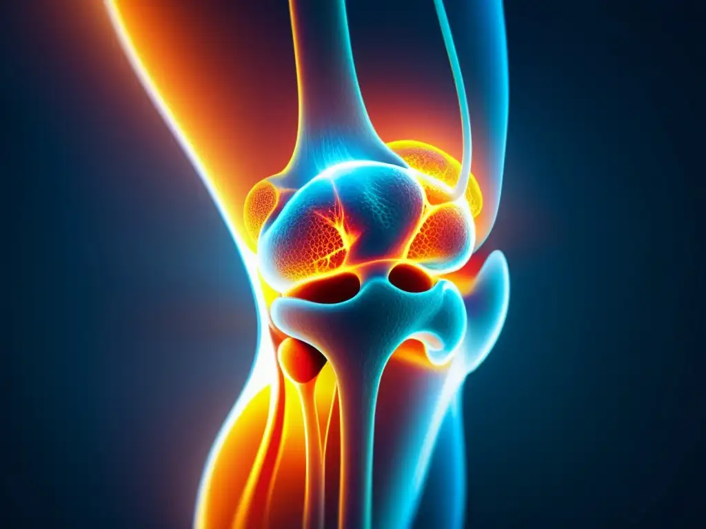 Anatomía de rodilla inflamada de jugador de baloncesto Detallada imagen de la inflamación en la rodilla de un jugador de baloncesto, resaltando la reducción de la inflamación con beneficios omega 3