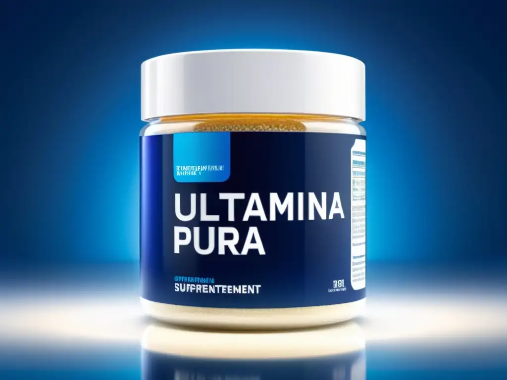 Glutamina pura: Recuperación muscular en detalle Detallado frasco transparente de glutamina para recuperación muscular con diseño minimalista y moderno en azul y plateado